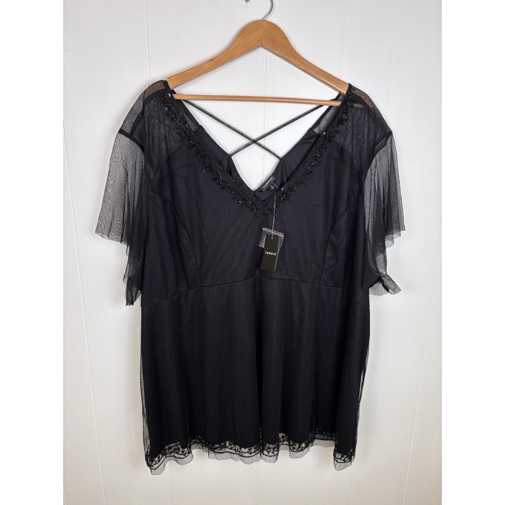 Torrid 6 Black Mesh Sequin Babydoll Top Womens Plus Sz 6X Beaded Flutter Sleeve - Picture 3 of 16